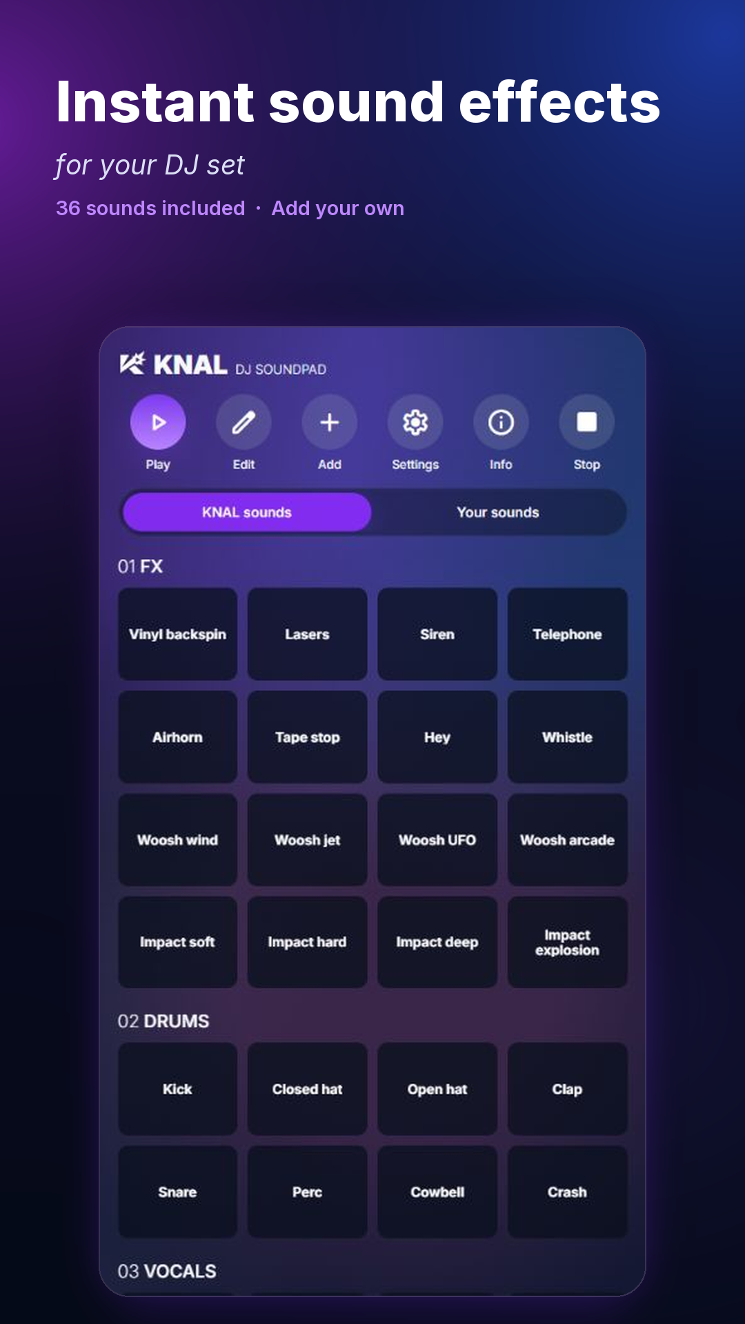 Knal DJ Soundpad with FX, drums and vocal pads