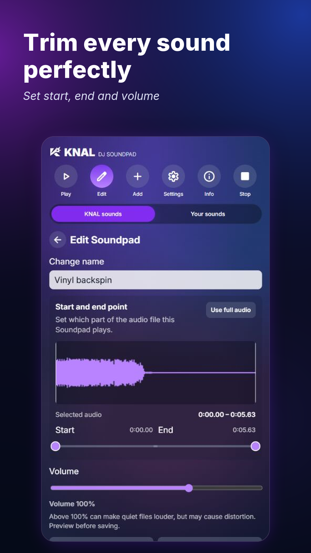 Trim a sound with waveform controls in Knal